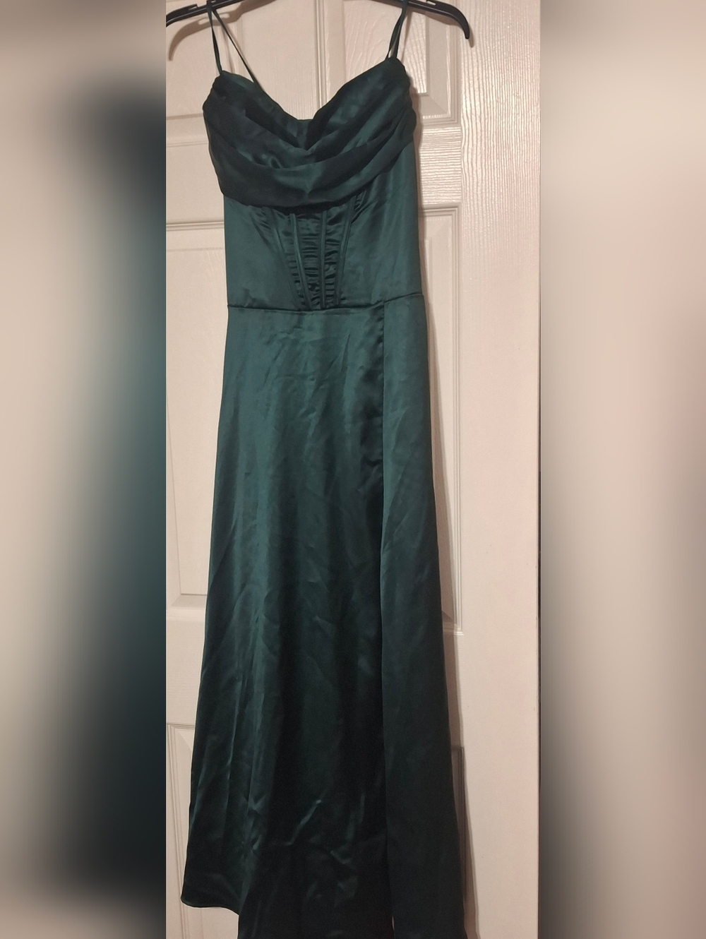 Elegant Teal Satin Maxi Dress with Draped Bodice